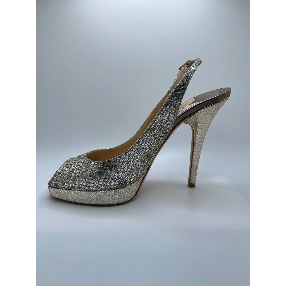 Jimmy Choo 36.5 / 6.5 Heels Peeptoe Nova Glitter Champagne Pumps Slingback + BOX - Picture 7 of 15
